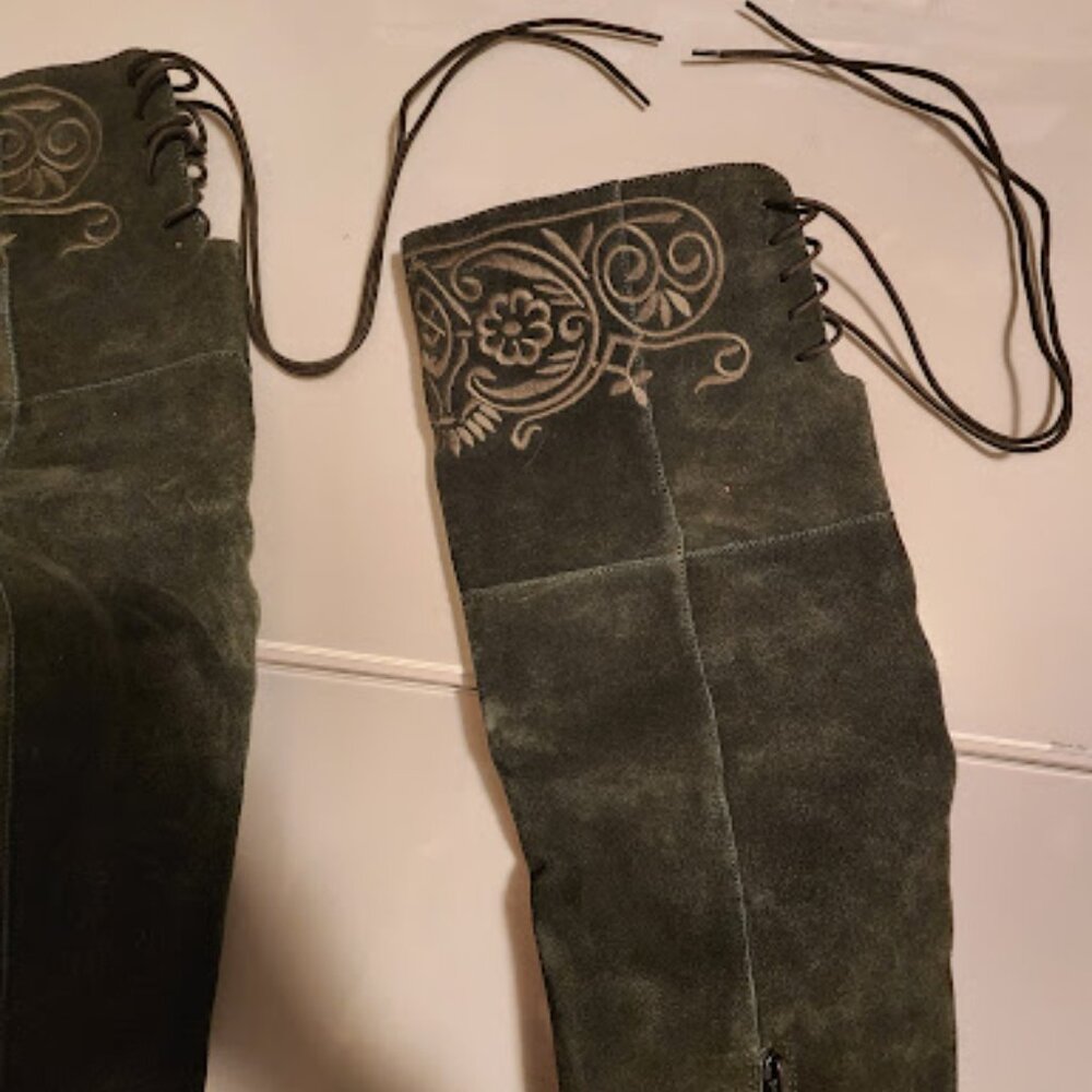 Nanette Lepore Green Suede Embroidered Heeled Boots - Picture 6 of 10